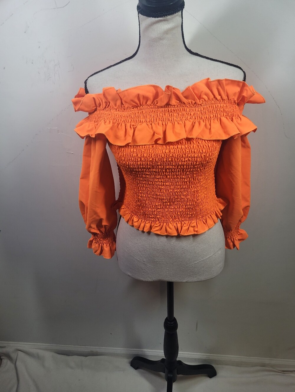 Off-Shoulder Ruffled Smocked Crop Top - Orange